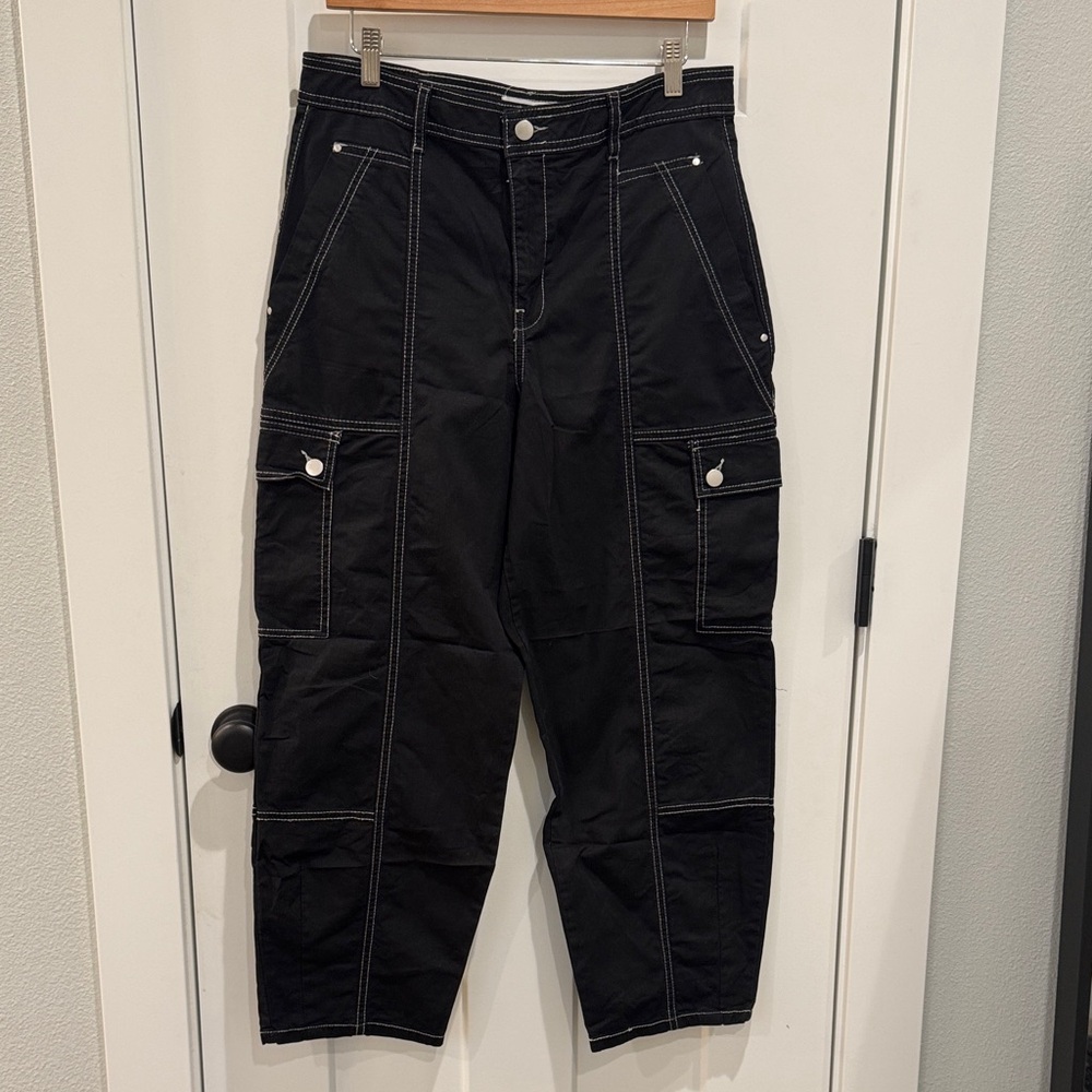 Anthropologie Black Cargo Ankle Pants with Contrast Stitching